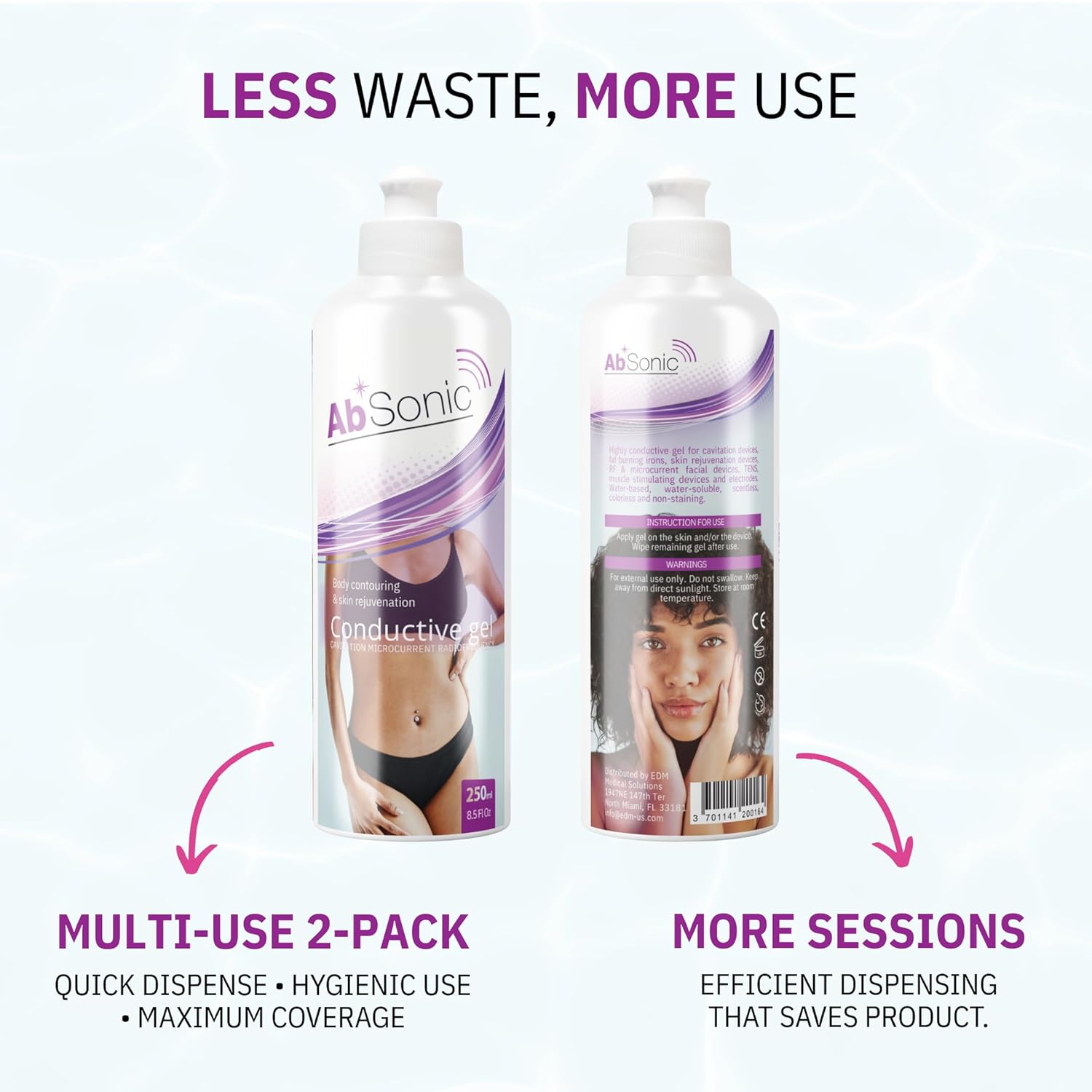 Absonic Conductive Gel for Ultrasound, Cavitation, Microcurrent, RF, TENS & EMS Devices – 2-Pack (17 oz Total) – Water-Based, Paraben-Free – Designed in France